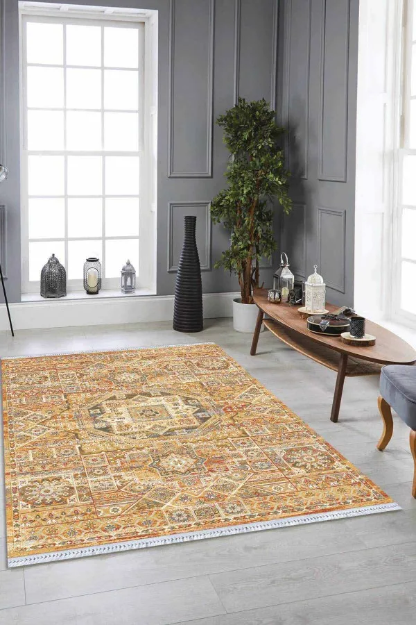 Salon Kilimleri Sarı Vintage Dokuma Pamuk Tabanlı Kaymaz Kilim KLM251