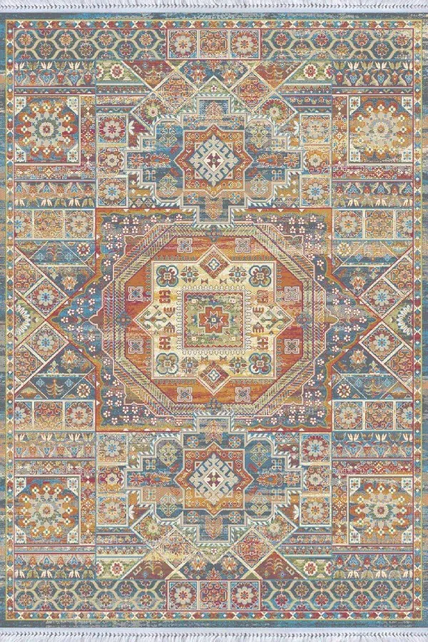 Geometrik Desenli Kilim Çok Renkli Vintage Dokuma Pamuk Taban Kaymaz Kilim KLM252