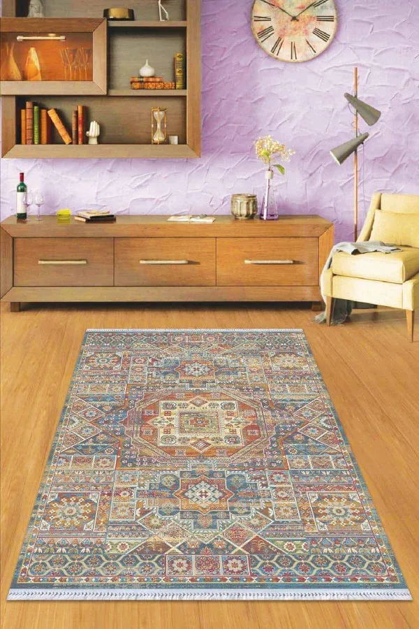 Geometrik Desenli Kilim Çok Renkli Vintage Dokuma Pamuk Taban Kaymaz Kilim KLM252