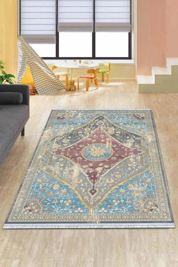 Kilim Mutfak Mavi Klasik Göbekli Dokuma Pamuk Taban Kaymaz Kilim KLM255