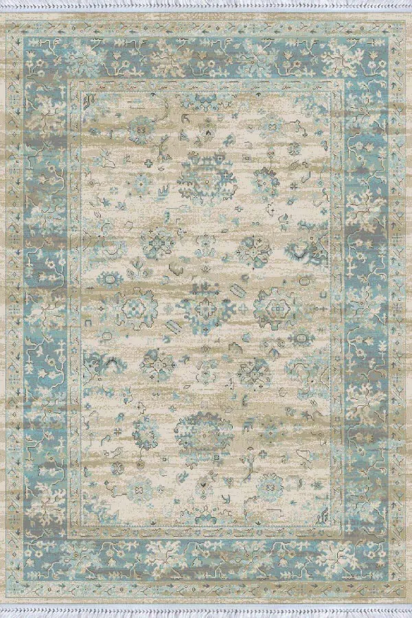 Uzun Kilim Turkuaz Çerçeveli Dokuma Pamuk Taban Kaymaz Kilim KLM265