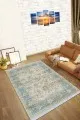Uzun Kilim Turkuaz Çerçeveli Dokuma Pamuk Taban Kaymaz Kilim KLM265