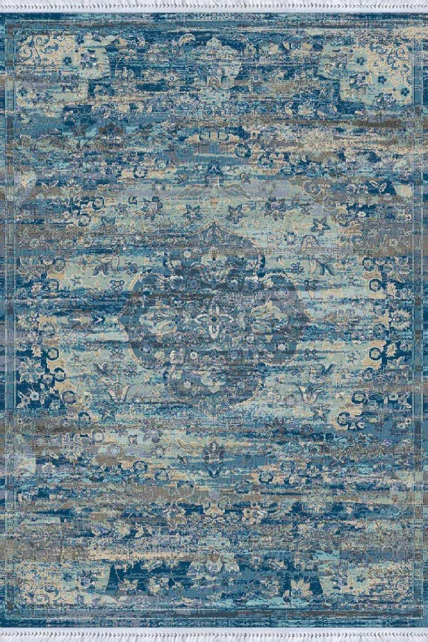 Kilim Desenli Kaymaz Yolluk Mavi Vintage Dokuma Pamuk Tabanlı Kaymaz Kilim KLM270