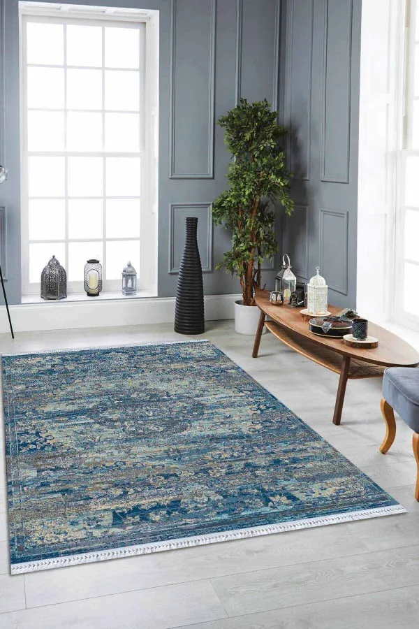 Kilim Desenli Kaymaz Yolluk Mavi Vintage Dokuma Pamuk Tabanlı Kaymaz Kilim KLM270