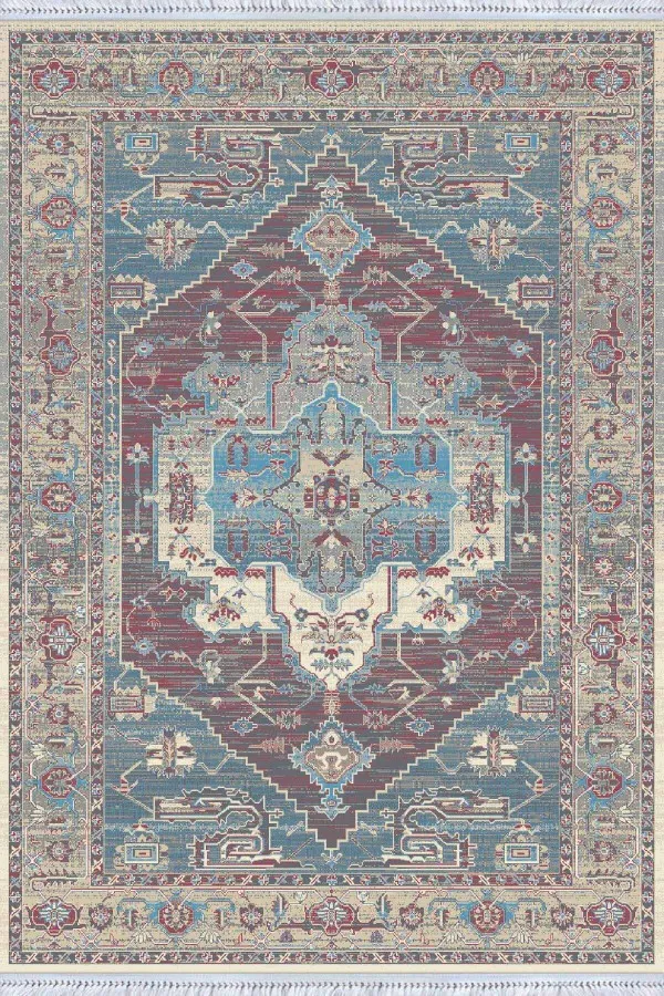 Mavi Klasik Göbekli Dokuma Pamuk Taban Kaymaz Kilim KLM274