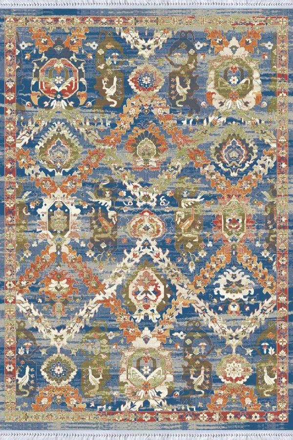 Geometrik Şekillerle Halı Desenleri Çok Renkli Vintage Dokuma Pamuk Taban Kaymaz Kilim KLM275
