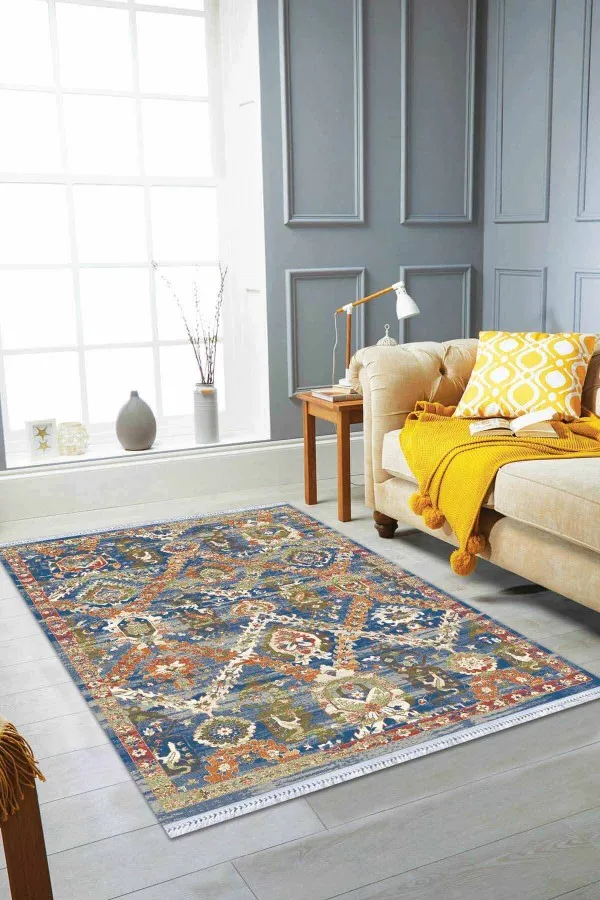 Geometrik Şekillerle Halı Desenleri Çok Renkli Vintage Dokuma Pamuk Taban Kaymaz Kilim KLM275