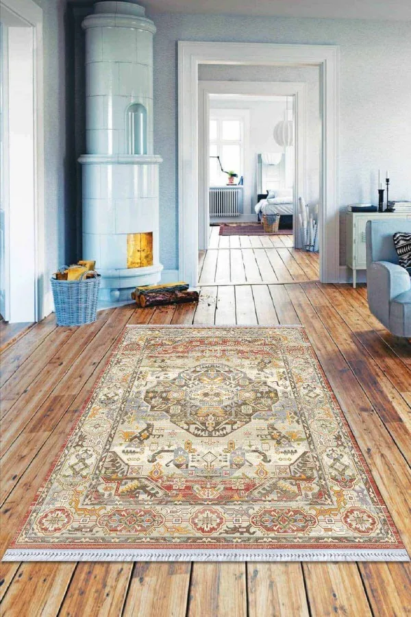 İnce Kilim Desenli Halı Renkli Klasik Göbekli Dokuma Pamuk Taban Kaymaz Kilim KLM277