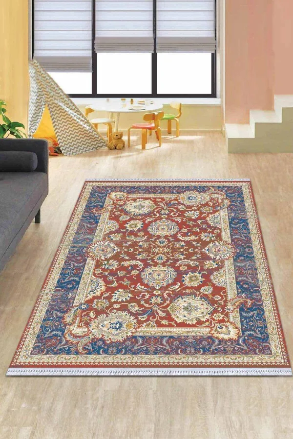 Kaymaz Yıkanabilir Kilim Kiremit Çerçeveli Dokuma Pamuk Taban Kaymaz Kilim KLM284