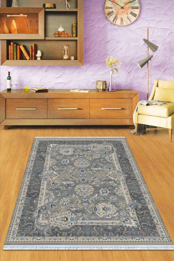Balkon Kilim Gri Çerçeveli Dokuma Pamuk Tabanlı Kaymaz Kilim KLM286