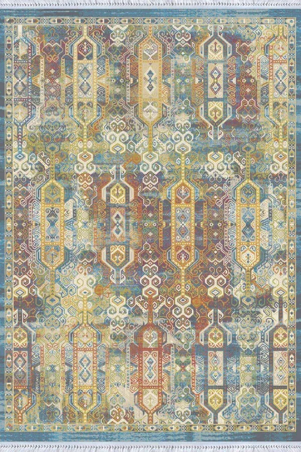 Göbek Desenli Halı Çok Renkli Vintage Dokuma Pamuk Taban Kaymaz Kilim KLM287