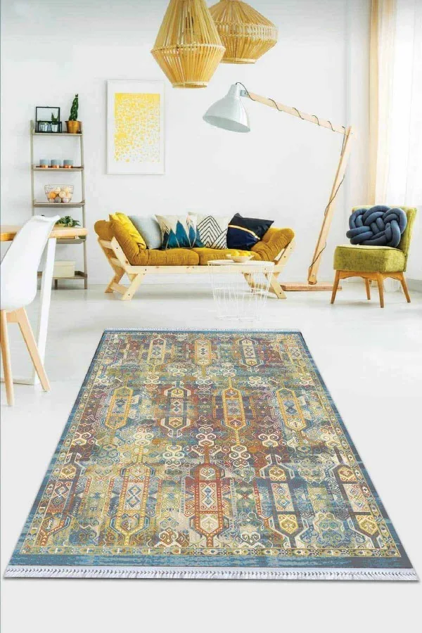 Göbek Desenli Halı Çok Renkli Vintage Dokuma Pamuk Taban Kaymaz Kilim KLM287