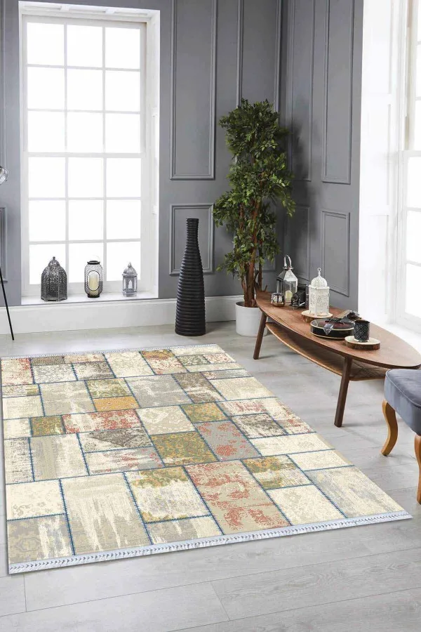 Patchwork Kilim Çok Renkli Patchwork Dokuma Pamuk Taban Kaymaz Kilim KLM288