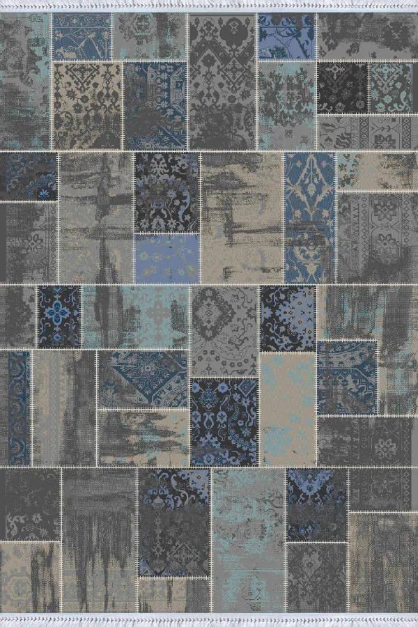 Karabağ Patchwork Halı Füme Patchwork Dokuma Pamuk Taban Kaymaz Kilim KLM291