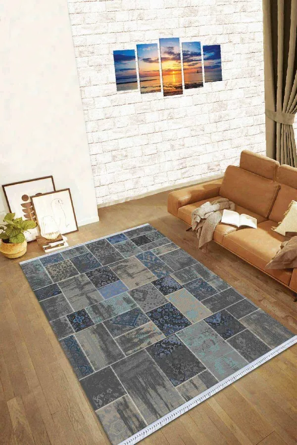Karabağ Patchwork Halı Füme Patchwork Dokuma Pamuk Taban Kaymaz Kilim KLM291