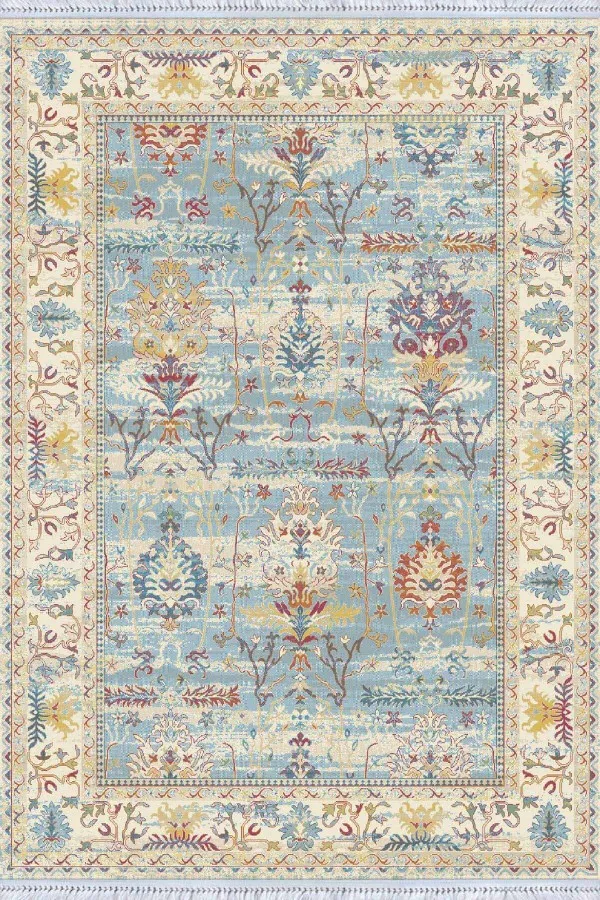 100 200 Kilim Mavi Çerçeveli Dokuma Pamuk Taban Kaymaz Kilim KLM294