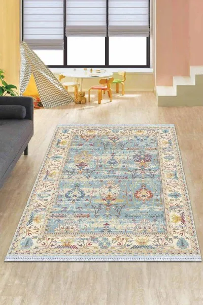 Mavi Çerçeveli Dokuma Pamuk Taban Kaymaz Kilim KLM294