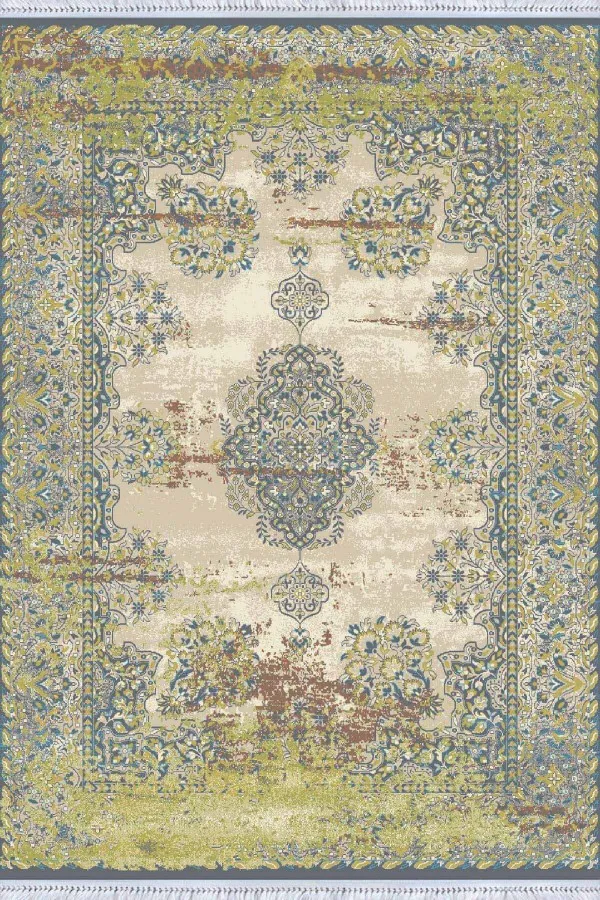 Saçlı Kilim Yeşil Klasik Göbekli Dokuma Pamuk Taban Kaymaz Kilim KLM299