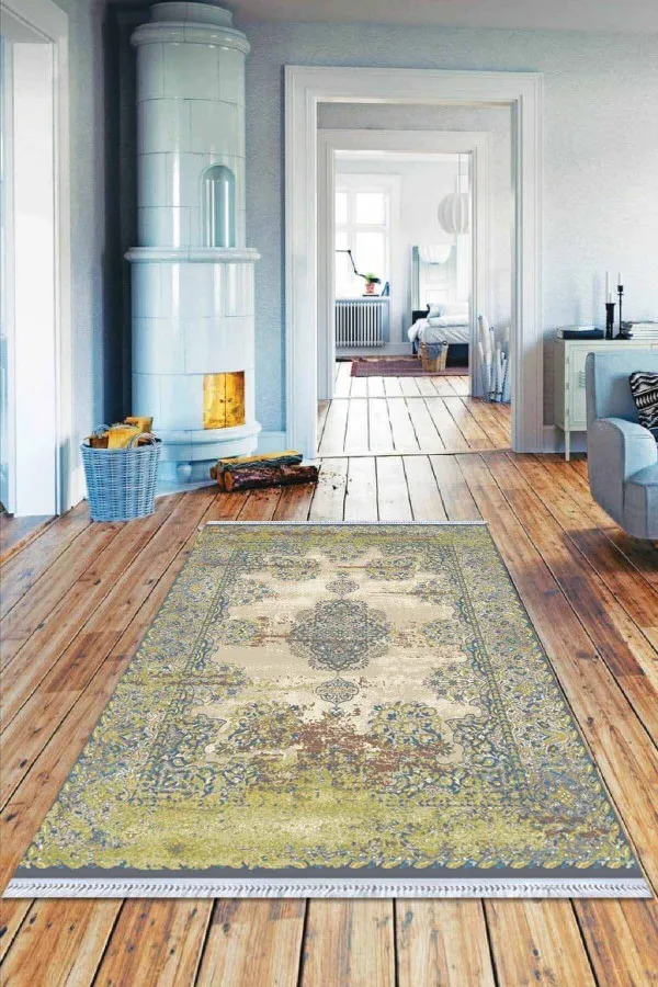 Saçlı Kilim Yeşil Klasik Göbekli Dokuma Pamuk Taban Kaymaz Kilim KLM299