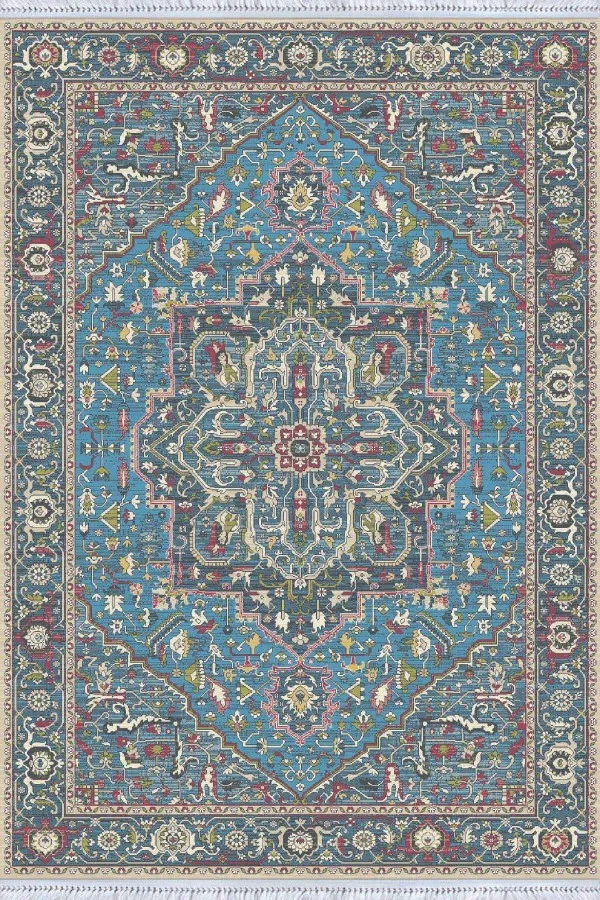 Mavi Klasik Göbekli Dokuma Pamuk Taban Kaymaz Kilim KLM309