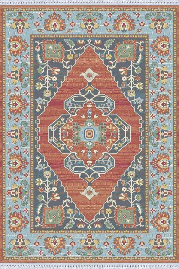 Dekoratif Kilim Halı Kiremit Göbekli Dokuma Pamuk Taban Kaymaz Kilim KLM313