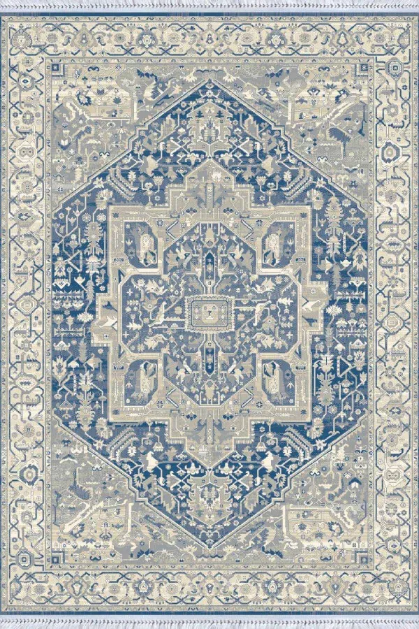 Mavi Klasik Göbekli Dokuma Pamuk Taban Kaymaz Kilim KLM321