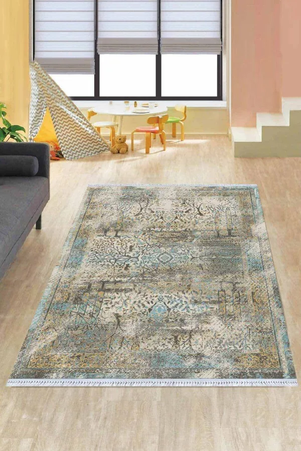 Kilim Desenli Mutfak Halıları Mavi Vintage Dokuma Pamuk Tabanlı Kaymaz Kilim KLM324