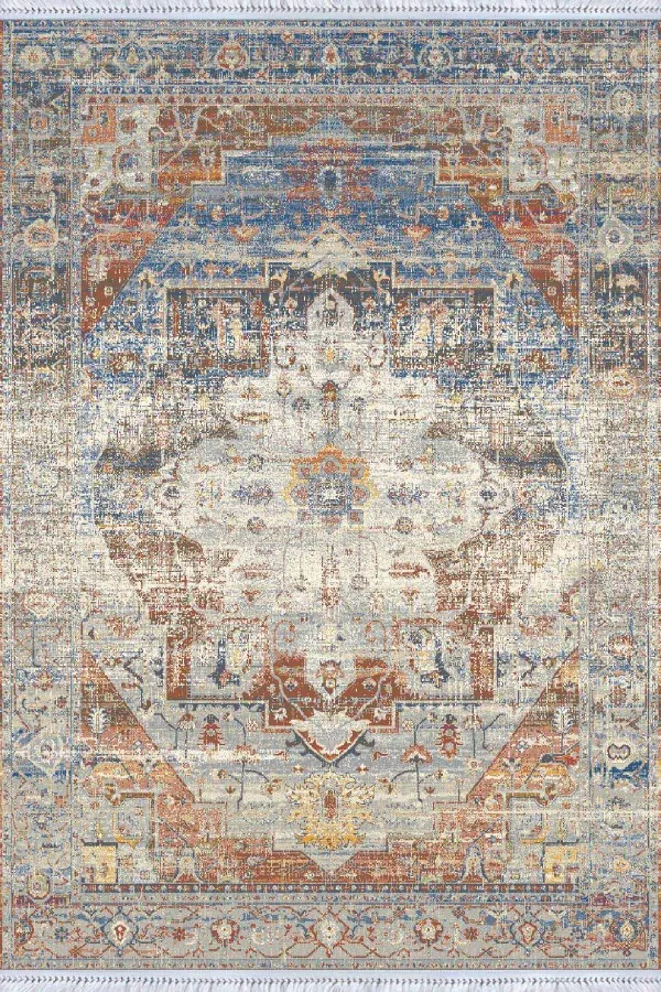Kilim Desenli Yolluk Mavi Vintage Dokuma Pamuk Tabanlı Kaymaz Kilim KLM332