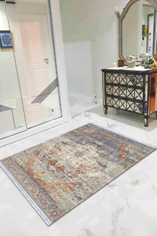 Kilim Desenli Yolluk Mavi Vintage Dokuma Pamuk Tabanlı Kaymaz Kilim KLM332