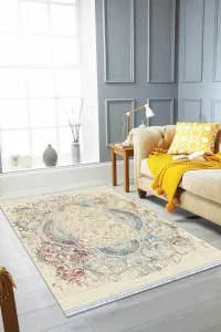 Krem Vintage Dokuma Pamuk Tabanlı Kaymaz Kilim KLM333