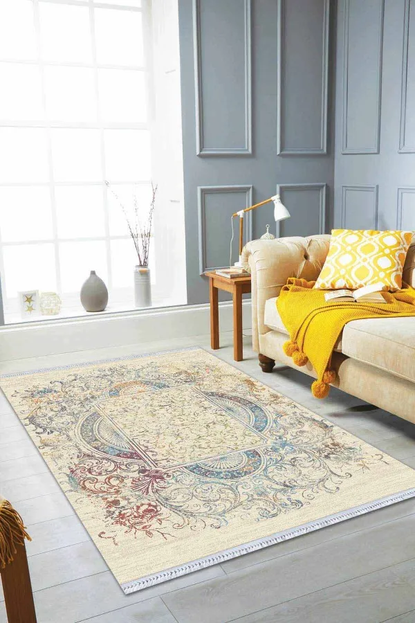 Dekoratif Halı Kilim Krem Vintage Dokuma Pamuk Tabanlı Kaymaz Kilim KLM333