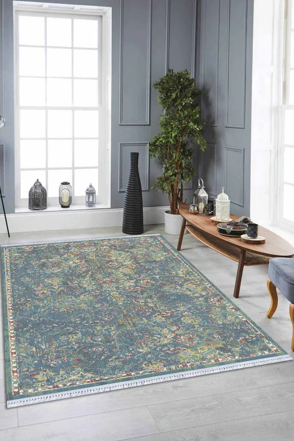 Kilim En Ucuz Mavi Vintage Dokuma Pamuk Tabanlı Kaymaz Kilim KLM335