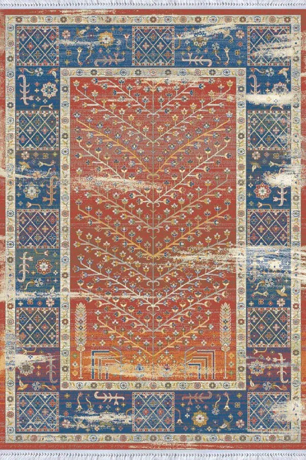 Kesme Kilim Yolluk Kiremit Çerçeveli Dokuma Pamuk Taban Kaymaz Kilim KLM336