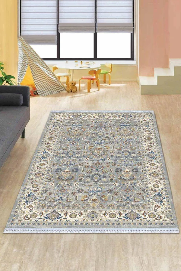 Bohem Kilim Gri Çerçeveli Dokuma Pamuk Tabanlı Kaymaz Kilim KLM340