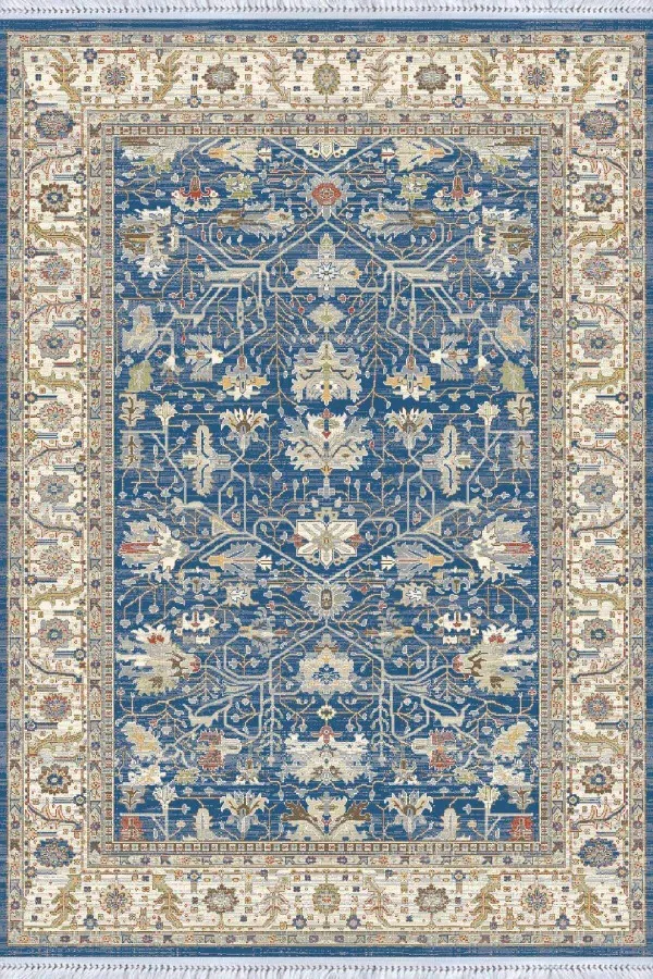 Mavi Çerçeveli Dokuma Pamuk Taban Kaymaz Kilim KLM343