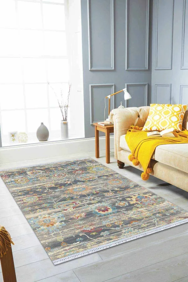 Gül Desenli Kilim Çok Renkli Vintage Dokuma Pamuk Taban Kaymaz Kilim KLM344