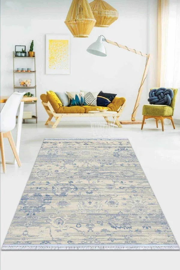 Kilim Etnik Mavi Vintage Dokuma Pamuk Tabanlı Kaymaz Kilim KLM345