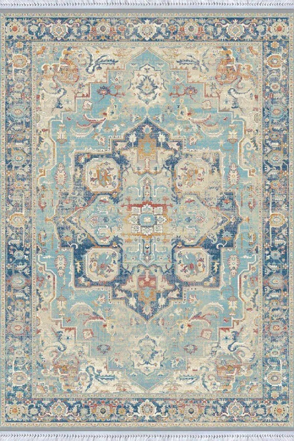Kilim Fiyatları 4 Metrekare Mavi Vintage Dokuma Pamuk Tabanlı Kaymaz Kilim KLM351
