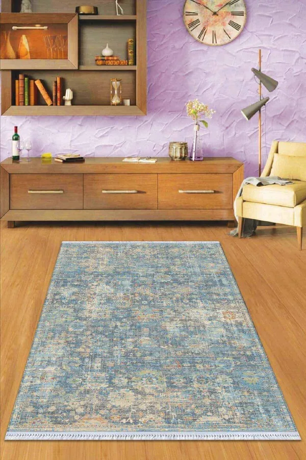 Kilim Fiyatları 6 Metrekare Mavi Vintage Dokuma Pamuk Tabanlı Kaymaz Kilim KLM360
