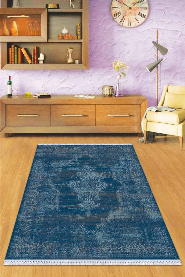 Kilim 80X150 Lacivert Göbekli Dokuma Pamuk Taban Kaymaz Kilim KLM365