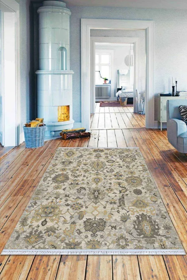 Yolluk Kilim Bej Vintage Dokuma Pamuk Tabanlı Kaymaz Kilim KLM370