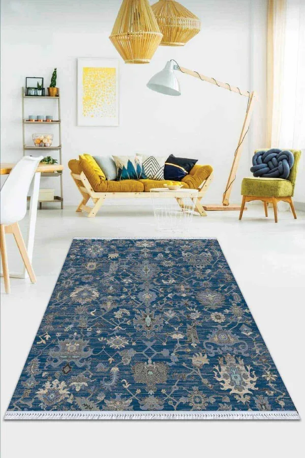 Kilim Fiyatları Ucuz Mavi Vintage Dokuma Pamuk Tabanlı Kaymaz Kilim KLM371