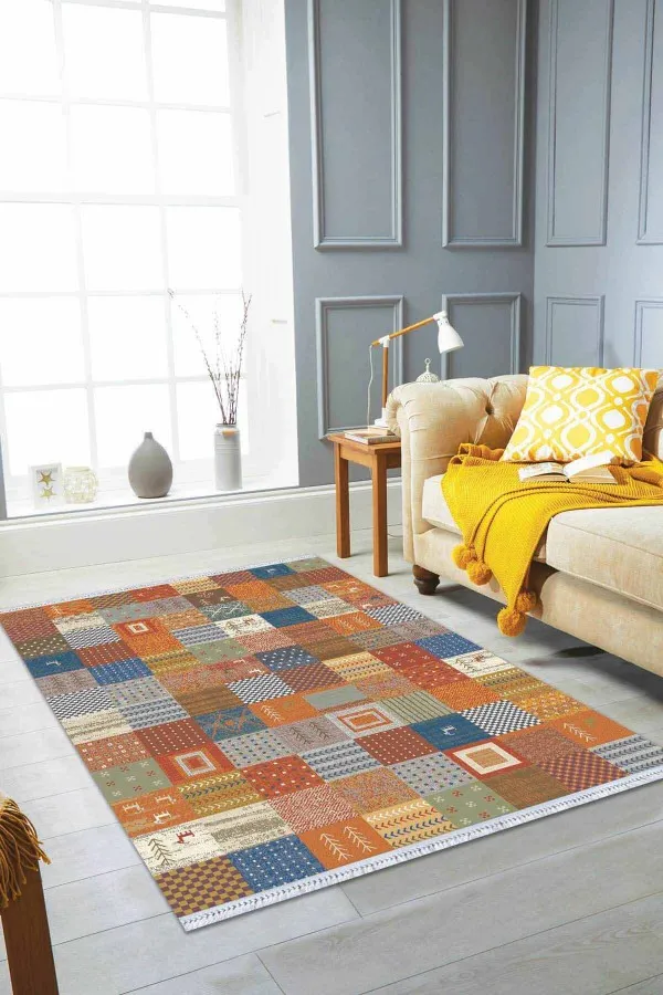 Yeni Nesil Kilim Turuncu Spor Dokuma Pamuk Tabanlı Kaymaz Kilim KLM374
