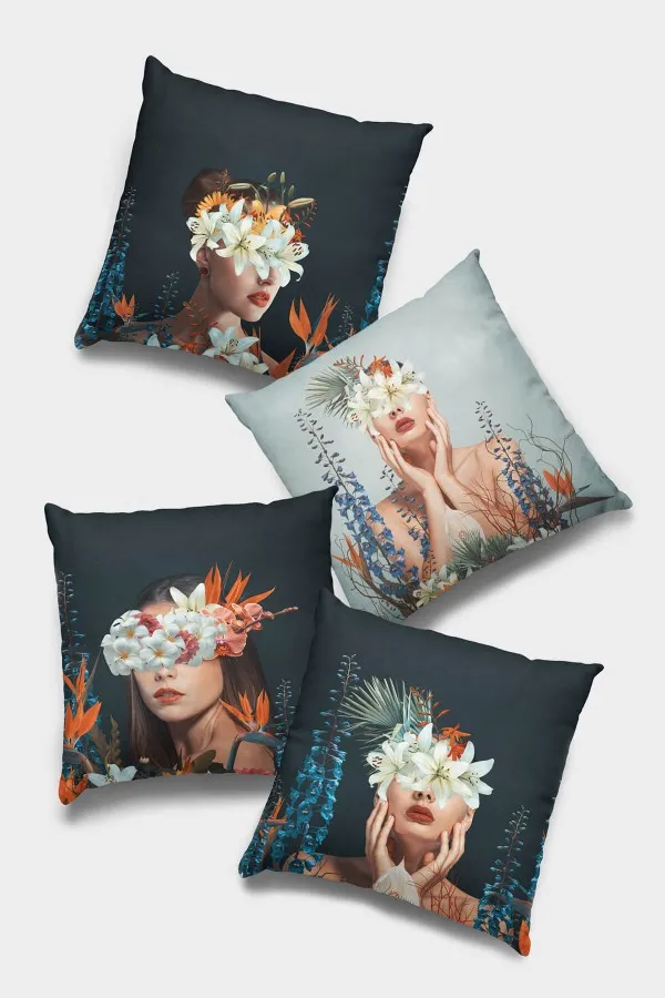 Lacivert Kırlent Kılıfı Lacivert Modern Çift Taraflı 4'lü Set Kırlent Kılıfı 4KR037