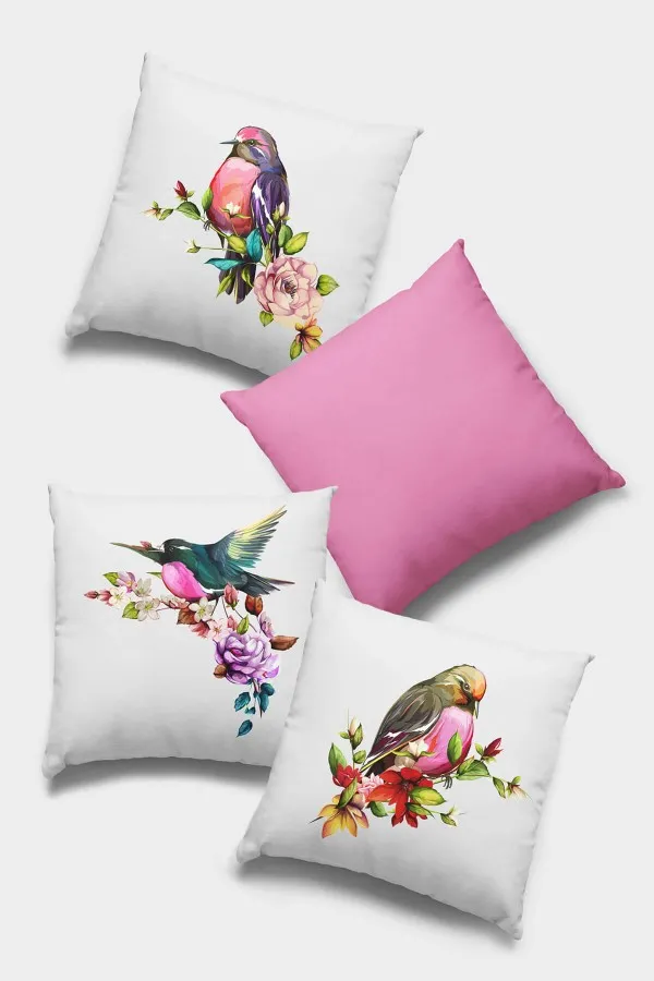 Pembe Kadife Kırlent Pembe Kuşlu Çift Taraflı 4'lü Set Kırlent Kılıfı 4KR039