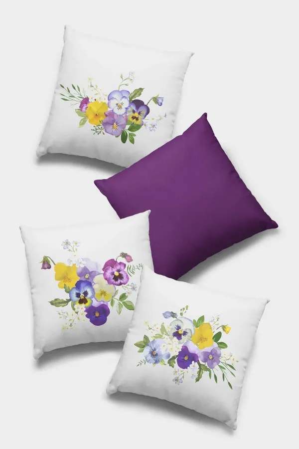 Kırlent Kılıfı Mor Mor Çiçek Desenli Çift Taraf 4'lü Set Kırlent Kılıfı 4KR050