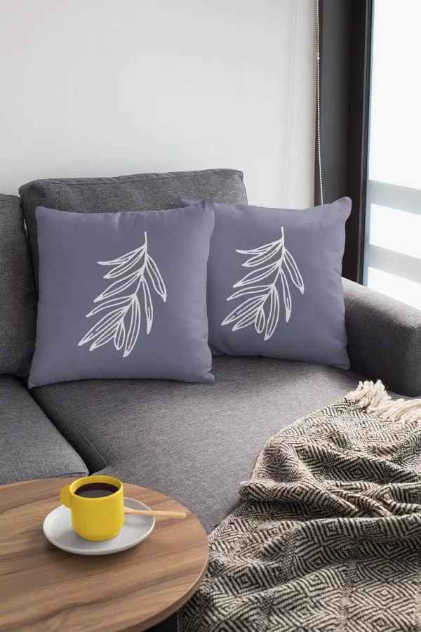 Gri Beyaz Yastık Kılıfı Gri Yaprak Desenli Çift Taraflı Kırlent Kılıfı KRL032