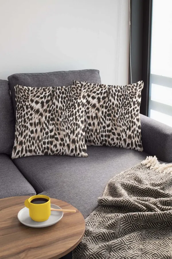 Sütlü Kahve Kırlent Kılıfı Bej Leopar Desenli Çift Taraflı Yastık Kırlent Kılıfı KRL050