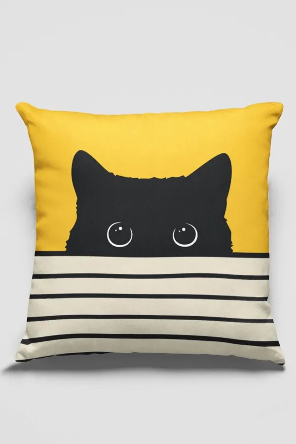 Kedi Desenli Kırlent Sarı Kedi Desenlili Çift Taraf Yastık Kırlent Kılıfı KRL064
