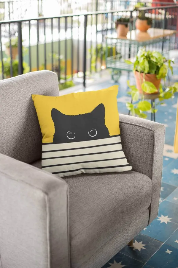 Kedi Desenli Kırlent Sarı Kedi Desenlili Çift Taraf Yastık Kırlent Kılıfı KRL064